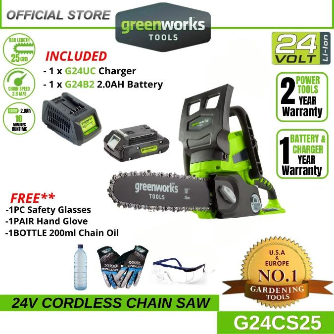 Greenworks G24CS25 24V Cordless 10'' Chainsaw (With 2AH Battery &amp; Charger)