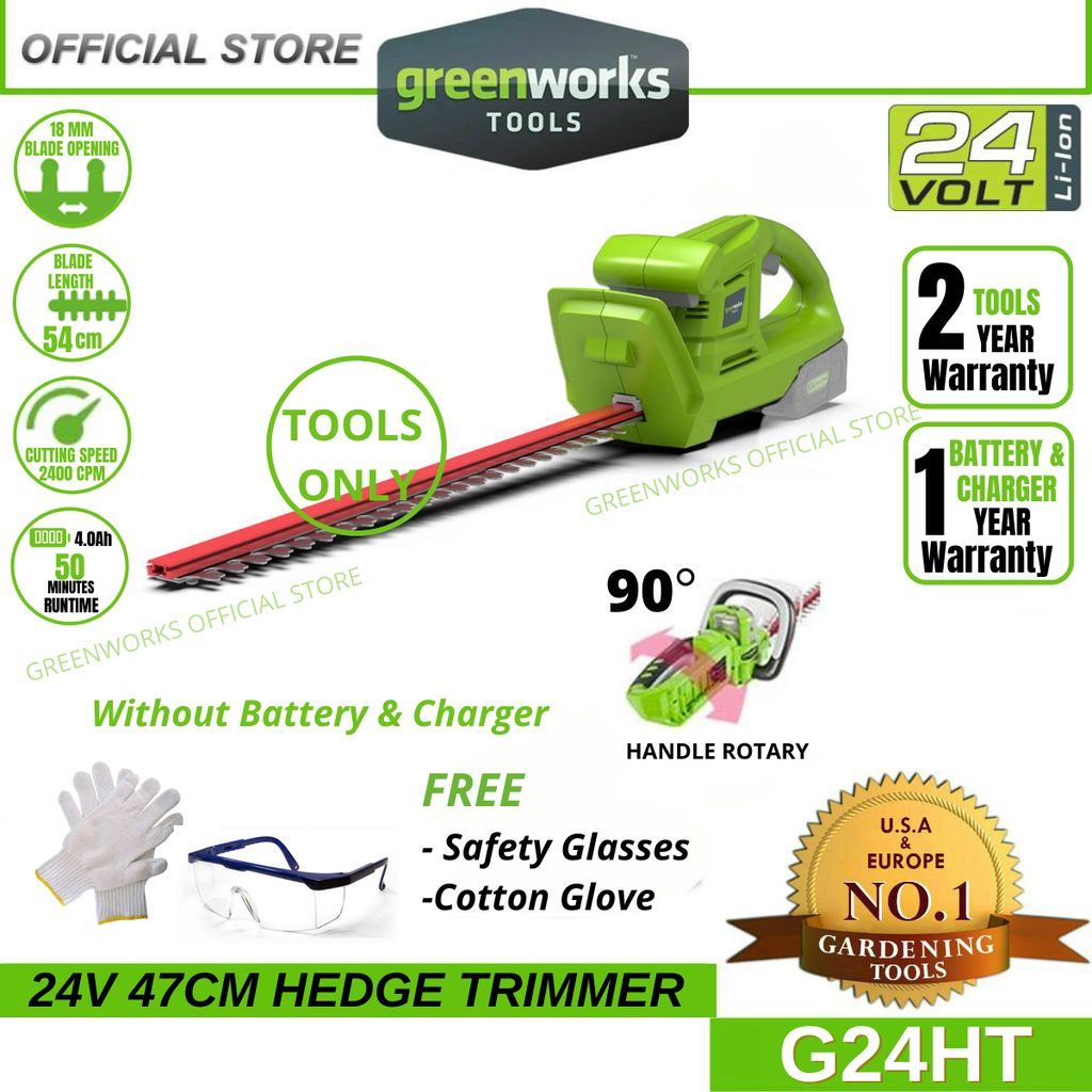 Greenworks G24HT 24V Cordless 47CM BASIC Hedge Trimmer (Without Battery &amp; Charger)
