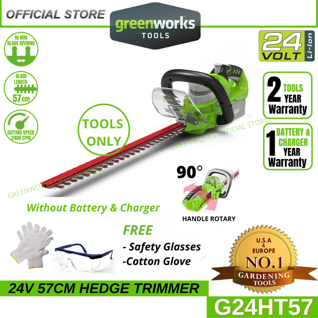 Greenworks 24V 57cm Cordless Deluxe Hedge Trimmer 90degree Rotary G24HT57 (Without Battery &amp; Charger)