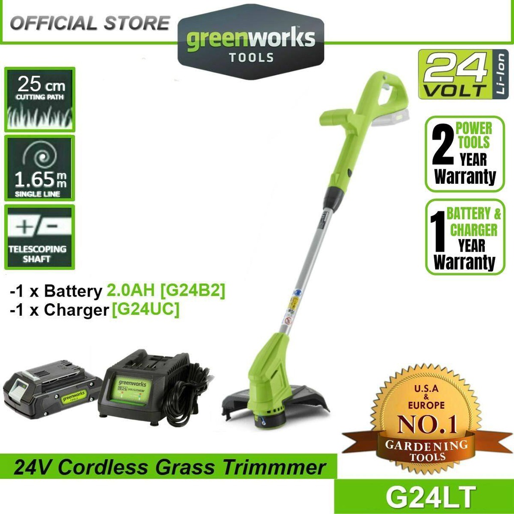 Greenworks G24LT 24V Cordless Grass String Trimmer (With 2AH Battery &amp; Charger)