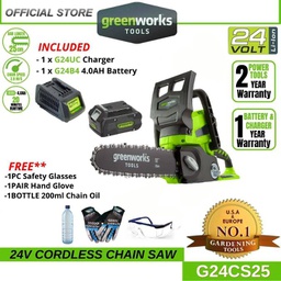 Greenworks G24CS25 24V Cordless 10'' Chainsaw (With 4AH Battery &amp; Charger)