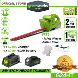 Greenworks G24HT 24V Cordless 47CM BASIC Hedge Trimmer (With 4AH Battery &amp; Charger)