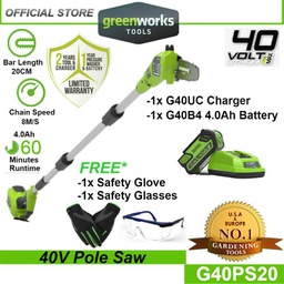 Greenworks G40PS20 40V Pole Saw (With 4AH Battery &amp; Charger)